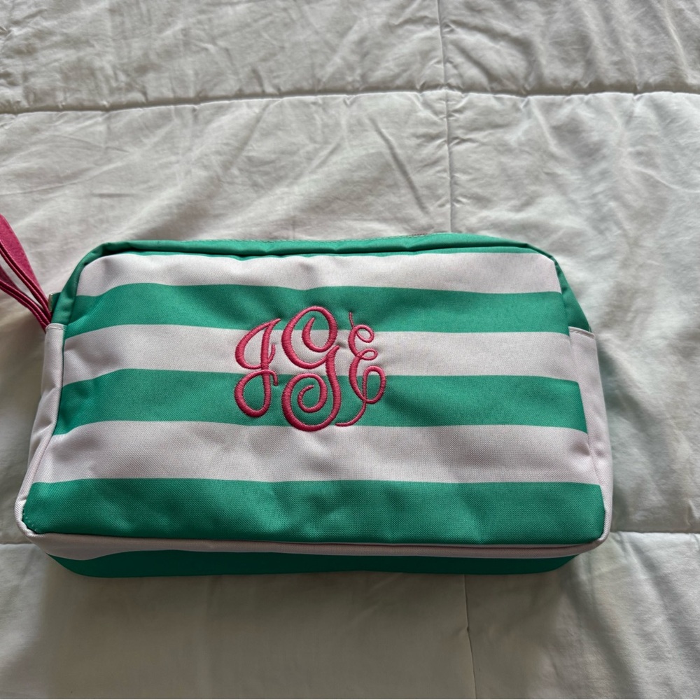 New, Green and White Striped Accessory Bag.